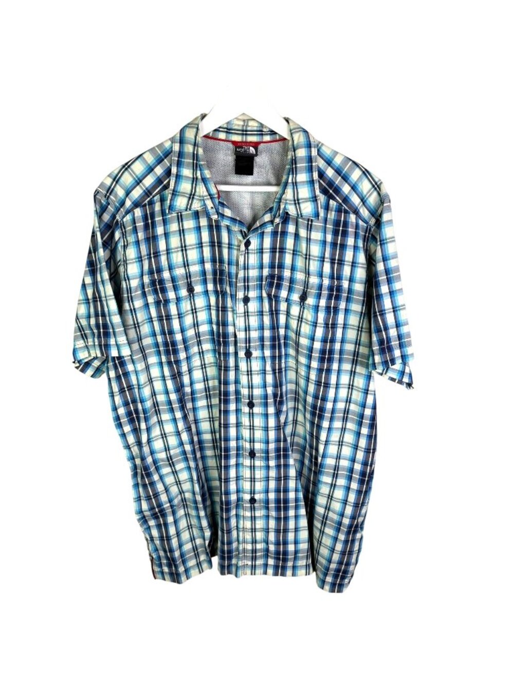 The North Face Blue Plaid Short Sleeve Breathable Hiking Shirt, Size XL